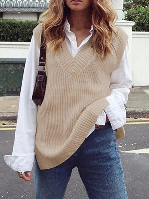 Camel Ribbed V-Neck Sleeveless Sweater Vest