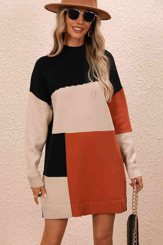 Color Block Mock Neck Sweater Dress