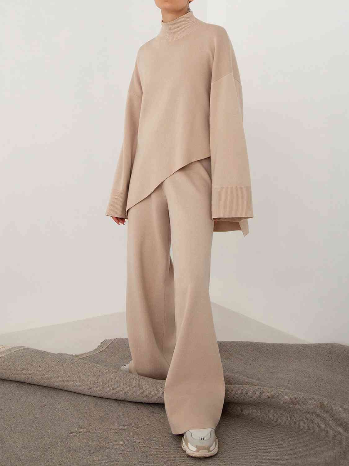 Beige Asymmetrical Hem Knit Top and Pants Set