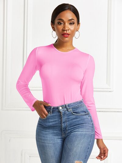 Round Neck Long Sleeve Bodysuit: Pink, Black, White, Red, Royal Blue