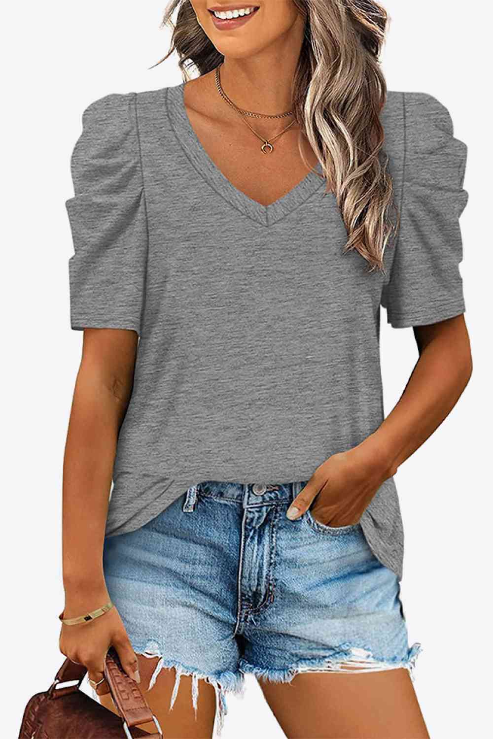 V-Neck Puff Sleeve Tee: GREY, WHITE OR BLACK