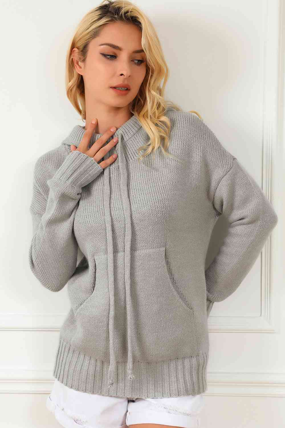 Grey Drawstring Hooded Sweater with Pocket