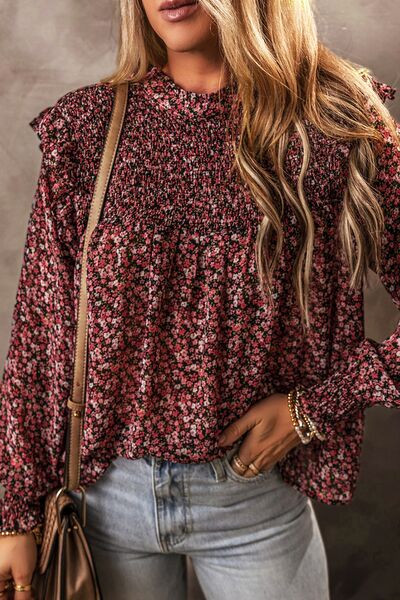 Ruffled Floral Waffle-Knit Blouse