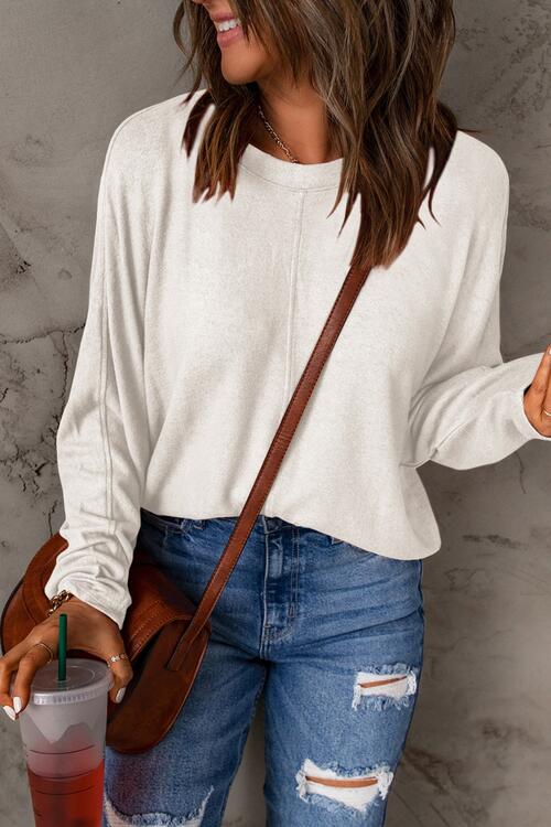 Ivory Seam Detail Round Neck Long Sleeve Top