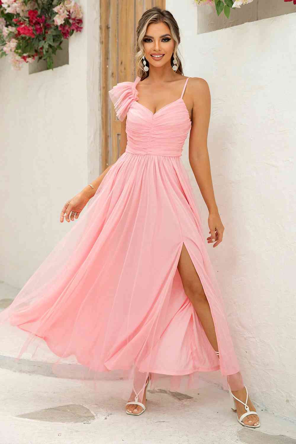 Spectacular Magic Pink Asymmetrical Ruched Slit Dress