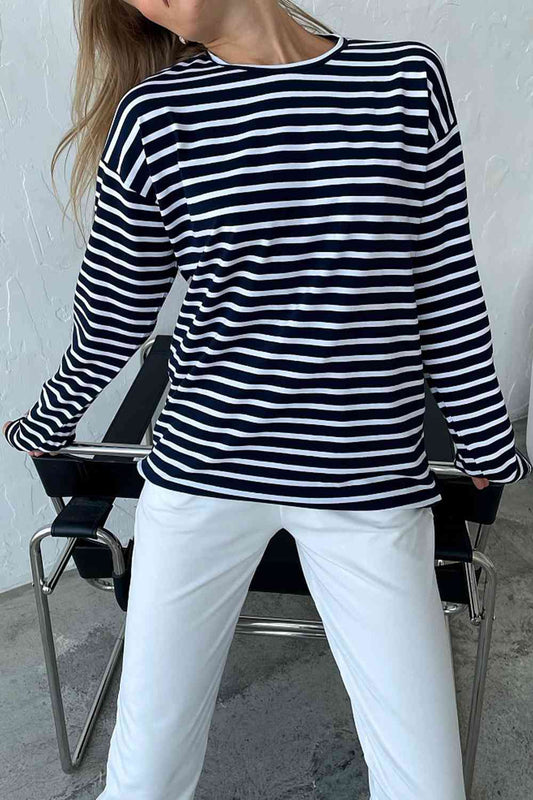 Round Neck Striped Dropped Shoulder T-Shirt: BLACK OR WHITE