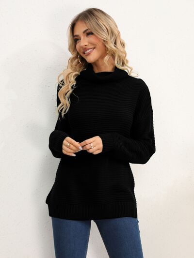 Slit Turtleneck Dropped Shoulder Sweater: Red or Black